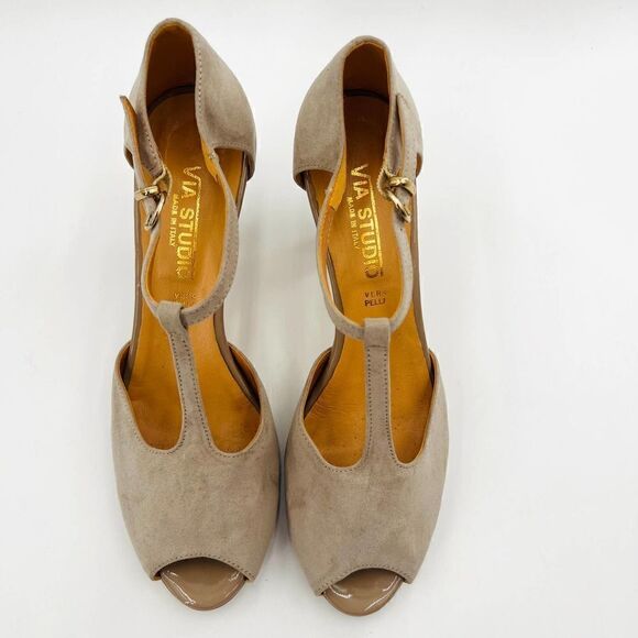 Via Studio Open Toe Platform T-Strap Nude Suede Pumps Size 38 - Picture 7 of 13